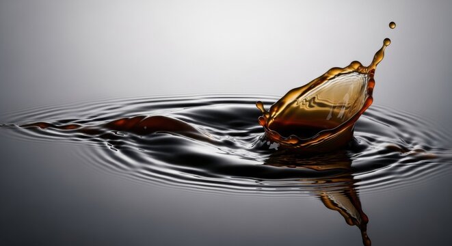 High-speed macro photography of a dark brown coffee liquid splash forming a crown shape on a rippling surface against a clean gray studio background with sharp reflections.