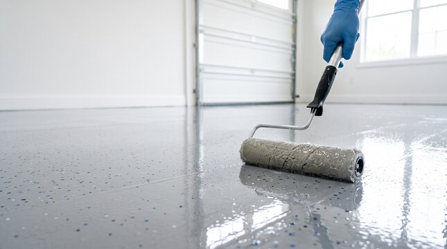 Person applying decorative flake epoxy floor coating with a roller in a new garage