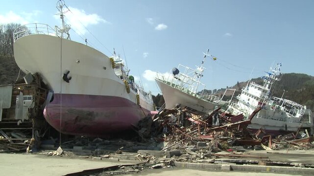 Large Ships Lying In Debris In Aftermath Of Tsunami In Japan