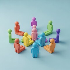 Obraz premium Isometric 3D render of multicolored matte plastic human figures arranged in a circular formation on a soft blue background, representing a team meeting, community, and social diversity.