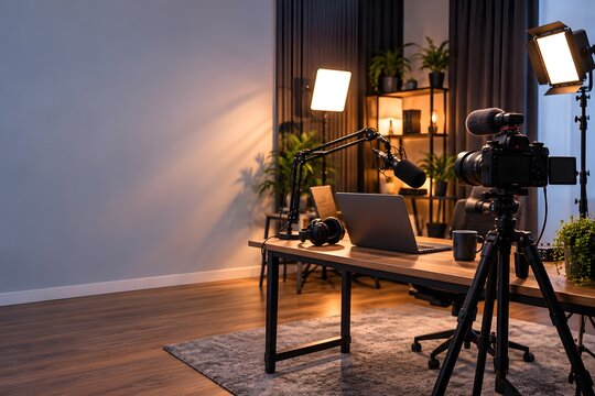 Professional Video Creator Studio with Tripod Camera Recording Desk and Wide Copy Space