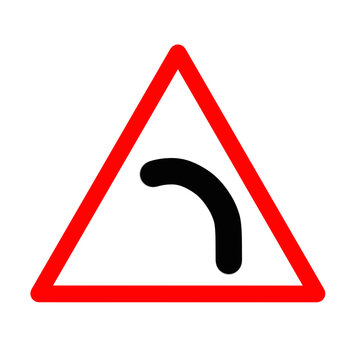 Triangular road warning sign indicating a left bend ahead, featuring a curved black arrow symbol inside a red border, isolated on a transparent background