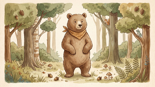 Cheerful bear standing in a forest with a scarf and mushrooms  