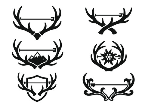 vector Set of six stylized deer antler emblems with arrows and alpine mountain motifs for Oktoberfest and Bavarian design on transparent background