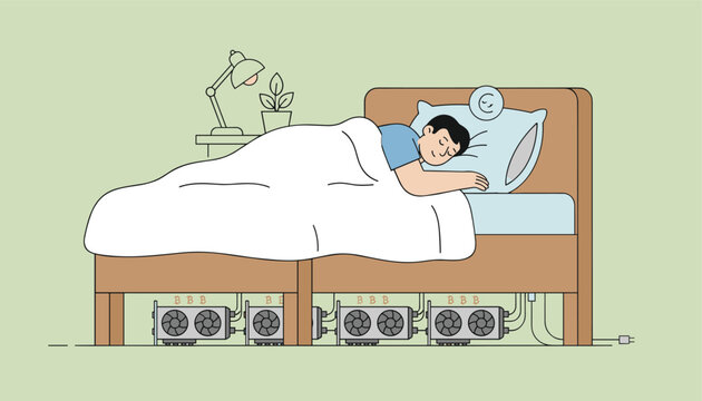 Man sleeping peacefully in bed with powerful cryptocurrency mining rigs running underneath for passive income.