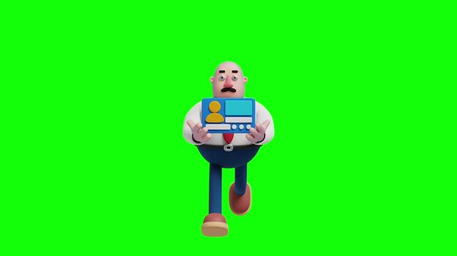3D cartoon businessman running and holding a business card, front view, on a green background.