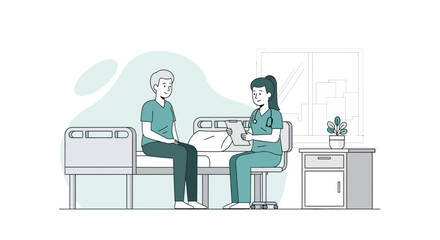 Fototapeta premium Nurse talking to patient in hospital room, medical care illustration