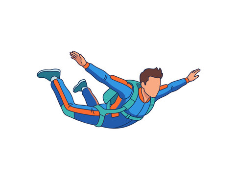 Male skydiver in freefall pose wearing parachute backpack flat vector illustration