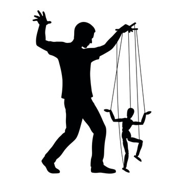 Man controlling puppet silhouette against white background symbolizing manipulation and power dynamics