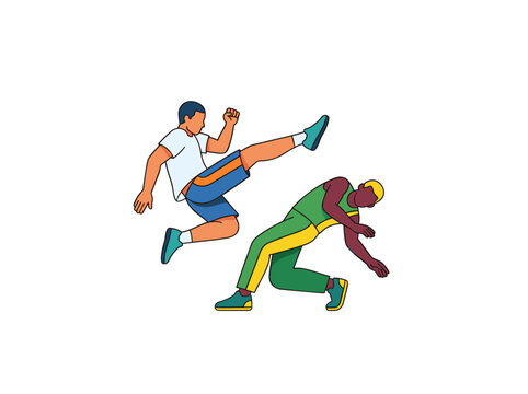 Two male capoeira practitioners performing kick and dodge vector illustration