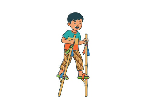 Happy boy walking on traditional bamboo stilts flat vector illustration