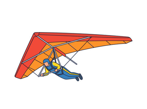 Male pilot flying red and orange hang glider vector illustration