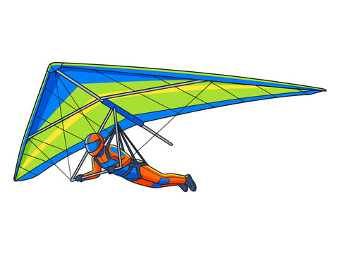 Hang glider pilot soaring with colorful delta wing flat vector illustration