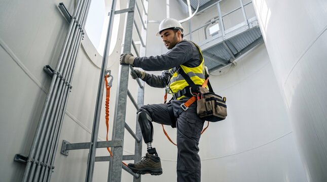 Disabled industrial worker with prosthetic leg climbing a metal ladder
