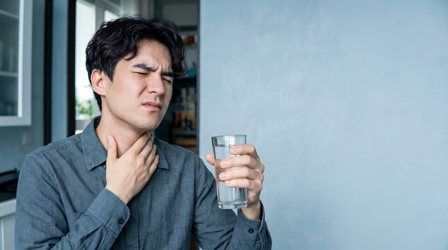 Young Asian man suffering from throat pain and globus sensation while holding a glass of water