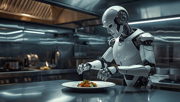 Robotic chef preparing food in a professional kitchen setting with stainless steel appliances