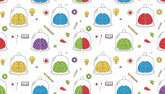Seamless pattern of colorful human brains under glass jars with school and science education icons on white.