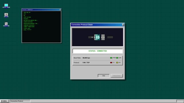 Retro computer screen showing connection protocol dialing and connecting, with retro UI elements.