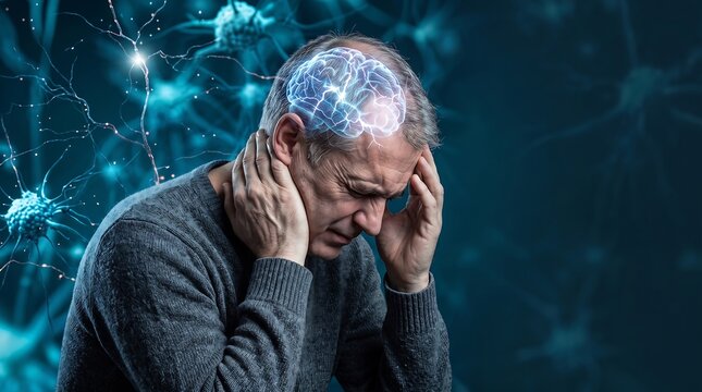 Elderly man suffering from severe headache and migraine with conceptual visualization of brain activity and neural pathways