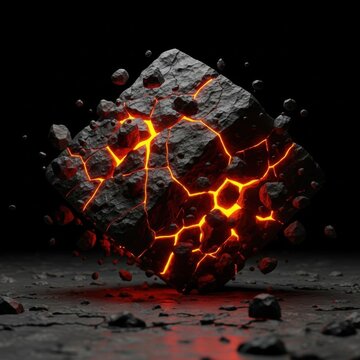 3D render of a floating cracked volcanic stone cube with glowing orange lava veins in the fissures, surrounded by floating rock debris and embers over a dark rocky floor.