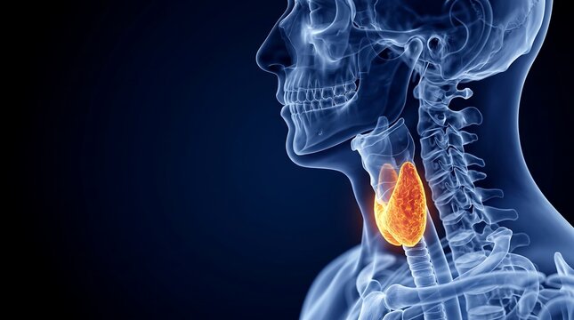 Human thyroid gland anatomy highlighting inflammation or endocrine system disorder in a side profile view of the head and neck