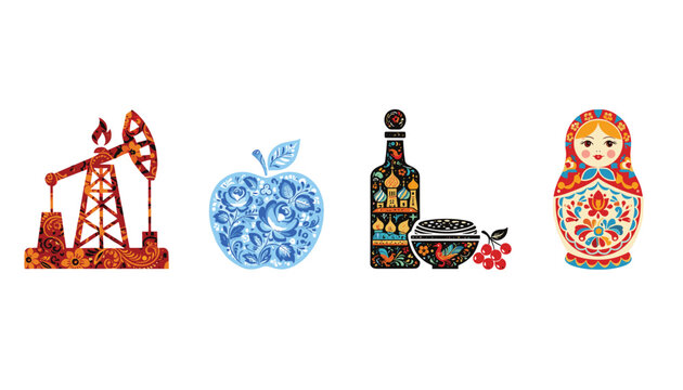Four traditional Russian cultural symbols including an oil derrick, apple, vodka, and matryoshka doll are displayed.