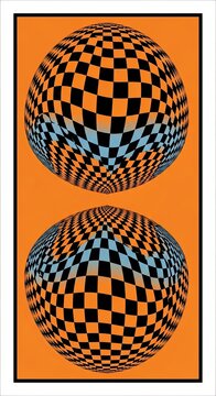 Two checkered spheres with distorted patterns on an orange background
