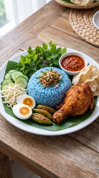 Traditional Malaysian Nasi Kerabu blue rice with fried chicken salted egg sambal and ulam