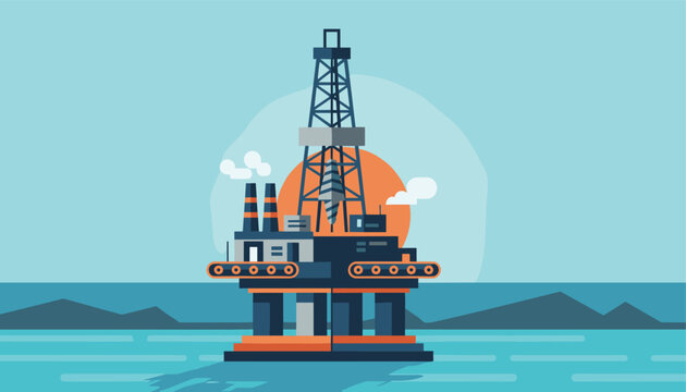 Modern flat illustration of an offshore oil drilling rig platform on calm ocean waters under a rising sun.