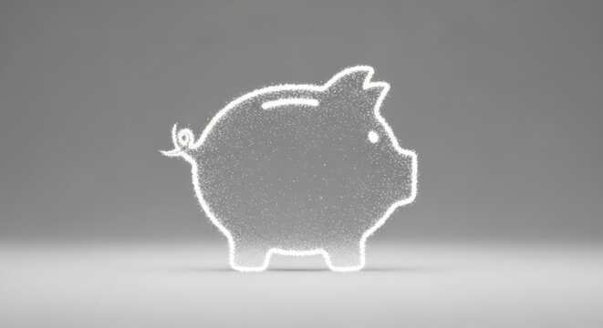 Minimalist glowing white stardust particle silhouette of a piggy bank with a coin slot and curly tail centered on a clean grey gradient studio background for finance concepts.