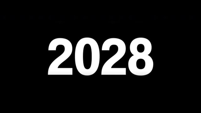 Fast spinning odometer style year counter landing on 2028, crisp white numbers on transparent background, sleek digital motion graphics animation, media visual