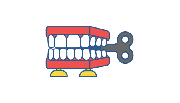 Classic wind-up chattering teeth toy with a key and small feet in a flat cartoon style on a white background.