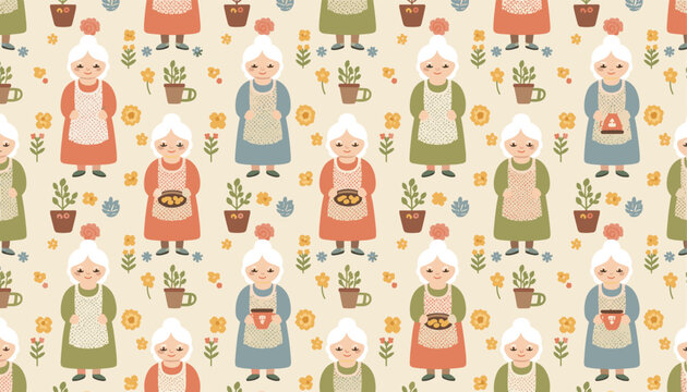Seamless pattern of cute cartoon grandmothers in colorful dresses and aprons holding sweet pies and tea cups.