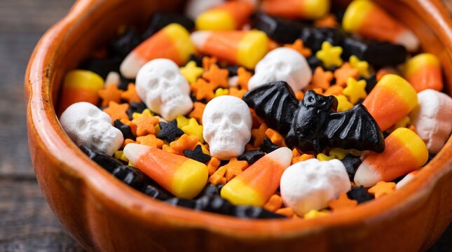 Close-up of an orange pumpkin bowl filled with colorful Halloween candies, candy corn, sugar skulls, and black bats