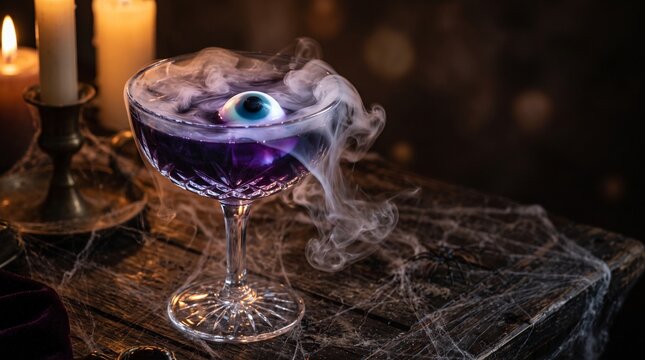 Spooky purple Halloween cocktail with a floating eyeball and dry ice smoke in a crystal glass on a dark rustic table with cobwebs and candles