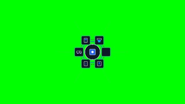 Precise 2D flat vector commercial motion graphics animation of an Enterprise Resource Planning ERP software solution connecting multiple business departments, rendered on a solid #00FF00 green screen 