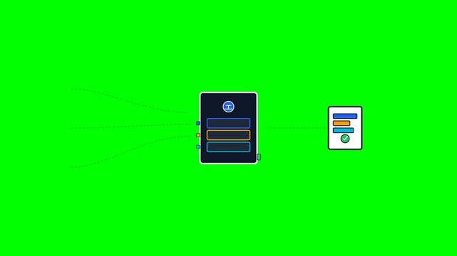 Precise 2D flat vector commercial animation showing multiple independent financial transactions entering an ERP system and automatically consolidating into one organized financial record on a pure chr