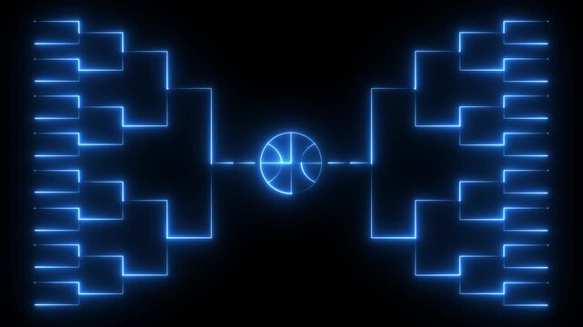 Glowing blue neon basketball tournament bracket playoffs championship match diagram and sports competition ladder graphic background.