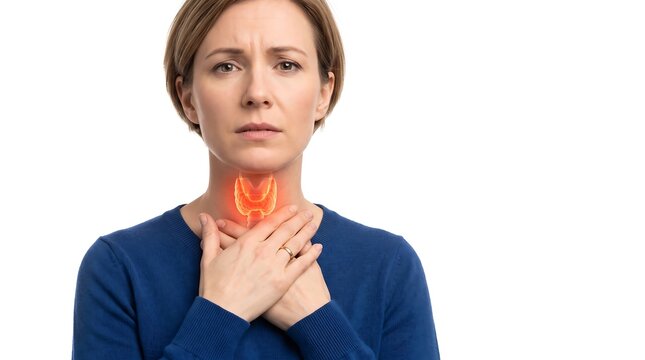 Woman with highlighted thyroid gland showing symptoms of throat discomfort and difficulty breathing