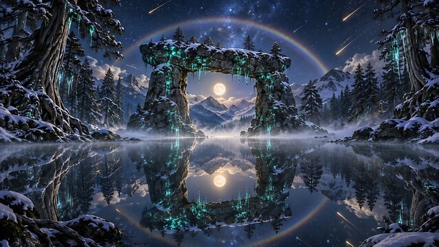 Enchanted Mirror Lake with Ancient Stone Arch in Mystical Snowy Forest Fantasy Nature Landscape