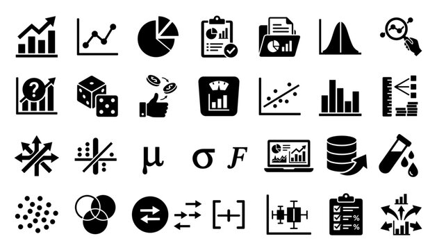 Statistics probability mathematical formulas data science research analytics bell curve scatter plot vector icons set
