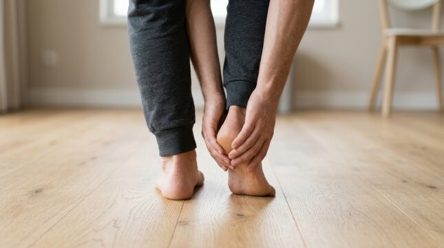 No specific event visible as person massages heel in pain in home setting with natural light