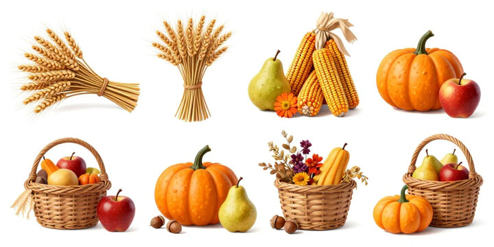 Harvest produce and wheat sheaves featuring pumpkins, apples, corn, pears, and baskets isolated on a transparent background.