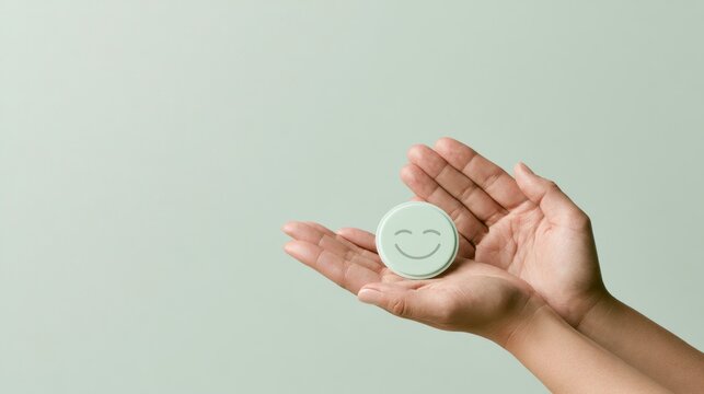 Hands holding smiley face symbol for positive feedback and happiness
