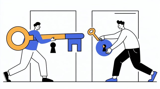 A new employee receives a large master key while a security administrator hands over a smaller key, emphasizing security and access controls.