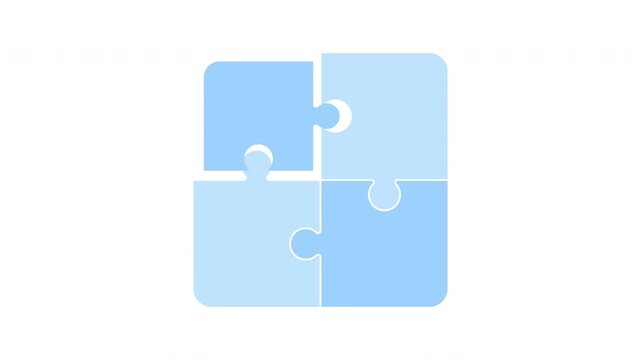 Animated four piece jigsaw puzzle assembly, blue corporate solution connection concept, transparent background modern business infographic motion clip
