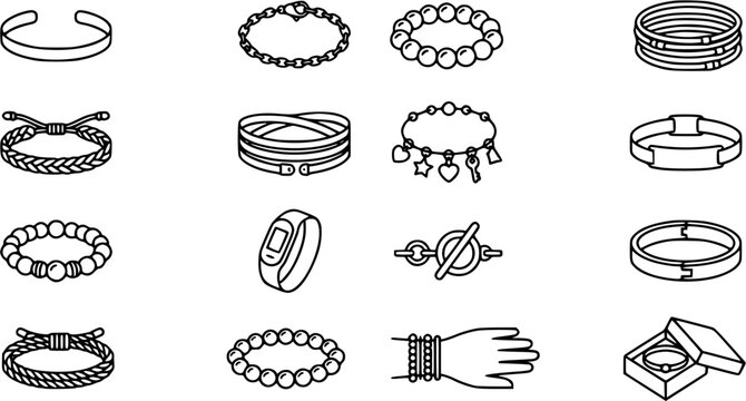 Jewelry Fashion Accessories Line Art: Outline Icons of Bracelets, Bangles, Cuffs, Charm, Beaded, and Braided Wristbands in Black and White