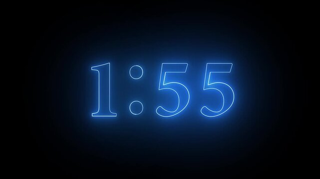 glowing neon 2 minute Countdown timer. neon 2 to 1 minute Countdown timer on black background.