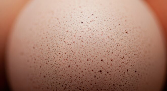 Extreme close-up of a brown chicken egg shell showing intricate speckled texture and natural porous surface patterns with dark brown freckles and shallow depth of field.