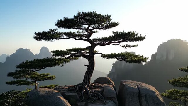 Pine trees on the mountains, welcoming pines on the strange rocks